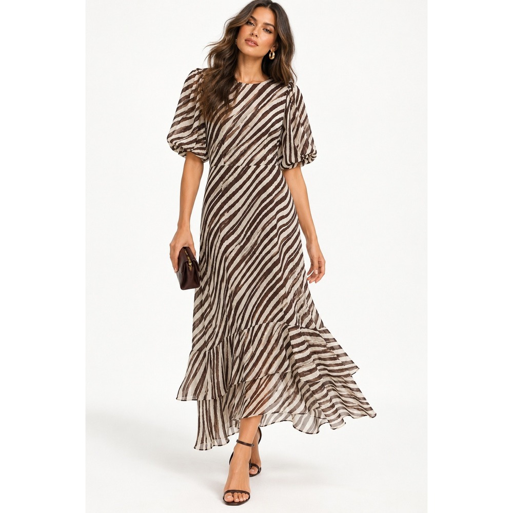 Friends Like These Cream Chocolate Chiffon Stripe Midi Dress Size 8 NEW